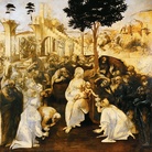 Leonardo da Vinci, Adorazione dei Magi, 1482 ca., Disegno a carbone, acquerello di inchiostro e olio su tavola, 244 x 240 cm, Firenze, Gallerie degli Uffizi