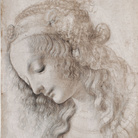 Leonardo da Vinci, Studio di volto femminile, 1468-1475 circa. Pietra nera (o punta di piombo), penna, pennello inchiostri marrone e grigio, biacca (parzialmente ossidata), su carta preparata avorio, 281 ✕ 199 mm. Firenze, Gabinetto Disegni e Stampe degli Uffizi