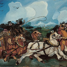 Antonio Ligabue, Diligenza con paesaggio e villa di Casanova Rambelli, olio su tavola di faesite, 1953-1954, 68x95 cm