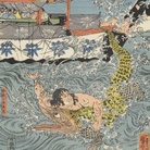 Utagawa Kuniyoshi, Asahina Yoshihide combatte con due coccodrilli nel mare nei pressi di Kamakura Kotsubo osservato da Minamoto Yoriie (Minamoto no Yoriie kō Kamakura kotsubo no umi yūran Asahina Yoshihide shiyū no wani o torau zu), 1843, Silografia policroma (nishikie), 79.5 x 39 cm, Masao Takashima Collection