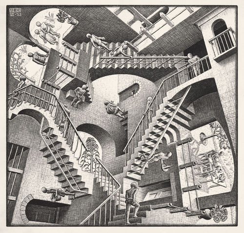 <span>Maurits Cornelis Escher</span>, <em><em>Relativit&agrave;,&nbsp;</em></em>1953, Litografia, 27.7 x 29.2 cm, Collezione privata, Italia All M.C. Escher works | &copy; 2018 The M.C. Escher Company | All rights reserved www.mcescher.com