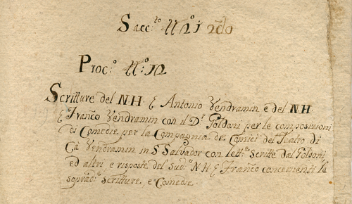 Frontespizio del fascicolo contenente Scritture del N.H. ser Antonio Vendramin e del N.H. ser Francesco Vendramin con il dottor Goldoni per le composizioni di commedie per la compagnia de&rsquo; comici del Teatro di Ca&rsquo; Vendramin in San Salvador