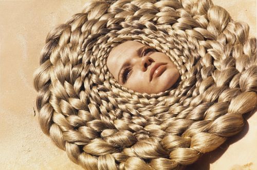 Franco Rubartelli, <em>Veruschka with head surrounded by circles of braided gold hair</em>, Egypt, 1967. Hair stylist: Ara Gallant