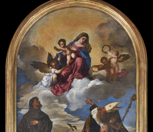 Tiziano Vecellio, La Vergine con il Bambino, San Francesco, San Biagio e il donatore (Pala Gozzi) , 1520. Tecnica mista su tavola, 322x215 cm. Ancona, Pinacoteca Civica Francesco Podesti