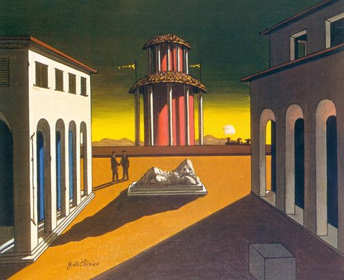 Giorgio de Chirico, Piazza d'Italia (1954-55), olio su tela, cm 40 x 50. &copy; Courtesy Galleria d'Arte Maggiore G.A.M., Bologna.