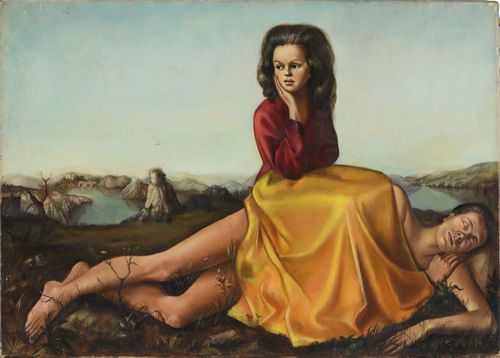 Leonor Fini, <em>Donna seduta su uomo nudo</em>, 1942, Olio su tela, Collezione privata &copy; Courtesy of Richard Overstreet