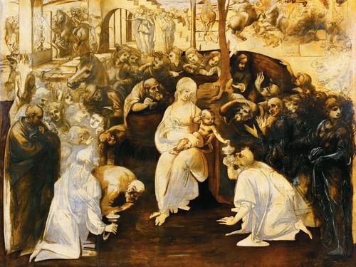 Leonardo da Vinci, <em>Adorazione dei Magi</em>, 1482 ca., Disegno a carbone, acquerello di inchiostro e olio su tavola, 244 x 240 cm, Firenze, Gallerie degli Uffizi<br />