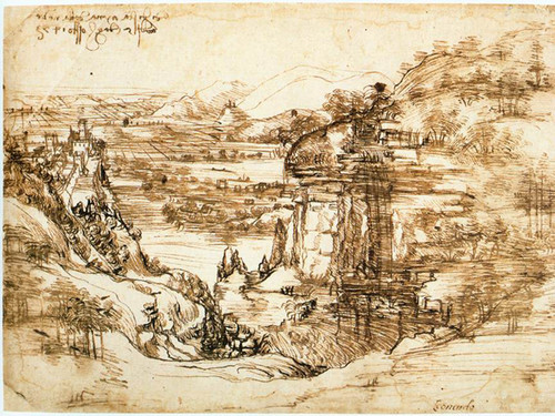 Leonardo da Vinci, <em>Paesaggio (8P recto.), </em>5 agosto 1473, Firenze, Gallerie degli Uffizi, Gabinetto Disegni e Stampe