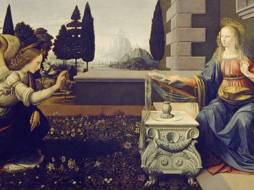 Leonardo da Vinci, <em>Annunciazion</em>e, 1472 circa, Olio su tavola, 222 x 90 cm, Firenze, Galleria degli Uffizi