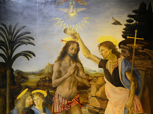 Andrea del Verrocchio e Leonardo da Vinci,<em> Battesimo di Cristo</em>, 1475 ca, Tempera e olio su tavola, 177 x 151 cm, Firenze, Gallerie degli Uffizi<br />