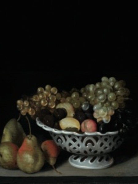 Fede Galizia, Pere e cesto di ceramica con uva e prugne