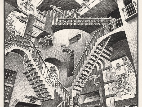 Maurits Cornelis Escher, Relatività, 1953. Litografia, 27,7x29,2 cm. Collezione Maurits, Italia All M.C. Escher works 