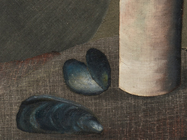 Alessandro Teoldi,<em> Cozze</em>,  2024, Olio, carboncino, inchiostro, acrilico, collage di stoffa e lino montato su lino, 30.5 × 23 cm | Courtesy Capsule<br />