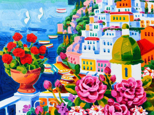 Athos Faccincani, Vaso di gerani rossi a Positano, 2019, olio su tela, 50x50 cm. 