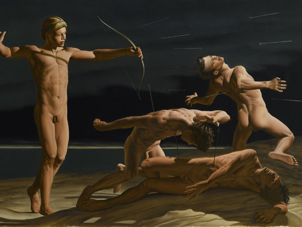 Nicola Verlato, Apollo che saetta i figli di Niobe, 2021, olio su tela di lino, 67x100 cm.