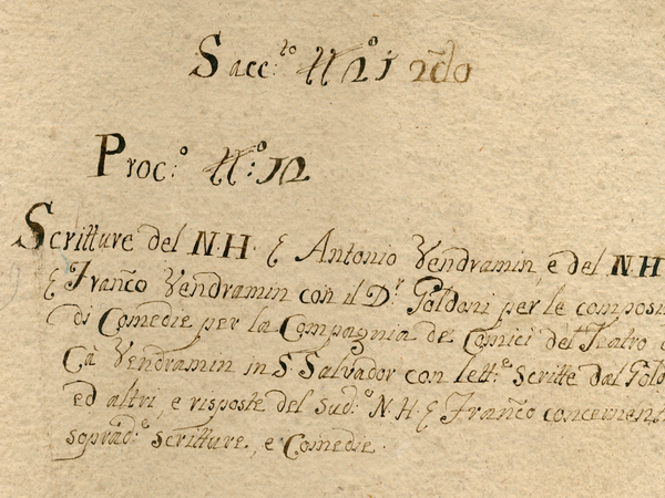 Frontespizio del fascicolo contenente Scritture del N.H. ser Antonio Vendramin e del N.H. ser Francesco Vendramin con il dottor Goldoni per le composizioni di commedie per la compagnia de’ comici del Teatro di Ca’ Vendramin in San Salvador