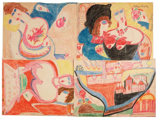 Aloïse Corbaz, Trône de Rome Marcellus – Rouge baiser chameau – Napoléon à Cherbourg, 1952-53 Matite colorate e succo di geranio su quattro fogli di carta cuciti insieme Collection de l’Art Brut, Losanna Credits: Atelier de numérisation – Ville de La